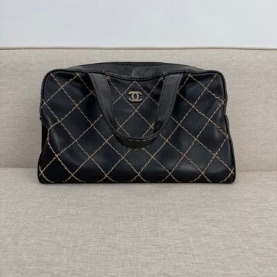 CHANEL Black Lambskin Wild Stitch Bowler Medium SHW