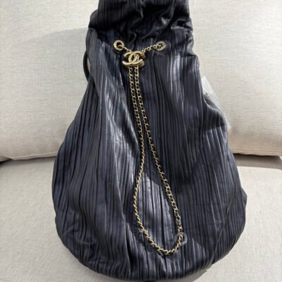 CHANEL Black Pleated Lambskin Coco Pleats Drawstring Bag Large GHW
