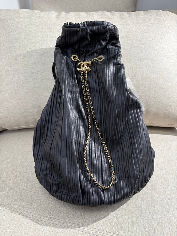 CHANEL Black Pleated Lambskin Coco Pleats Drawstring Bag Large GHW