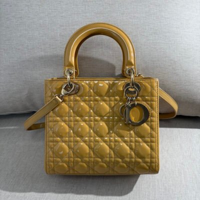 DIOR Beige Patent Leather Lady Dior Medium LGHW