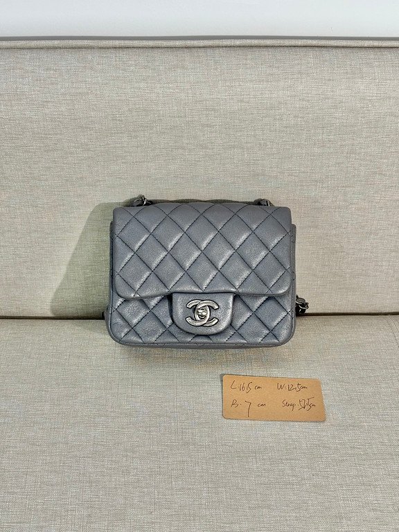 CHANEL Silver Grey Lambskin Classic Flap Mini Square SHW - Image 15