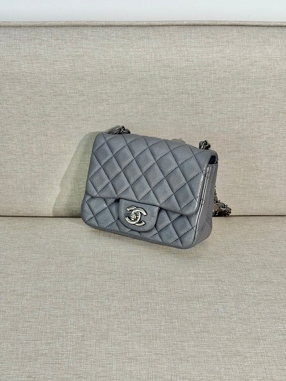 CHANEL Silver Grey Lambskin Classic Flap Mini Square SHW - Image 2