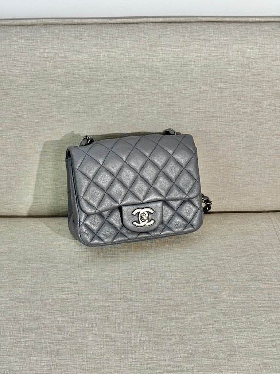 CHANEL Silver Grey Lambskin Classic Flap Mini Square SHW - Image 16