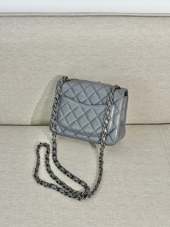 CHANEL Silver Grey Lambskin Classic Flap Mini Square SHW - Image 17