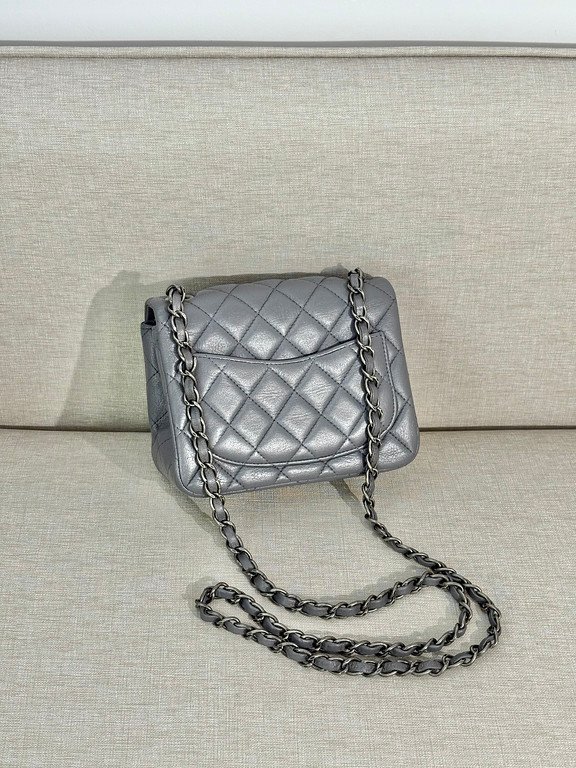 CHANEL Silver Grey Lambskin Classic Flap Mini Square SHW - Image 18