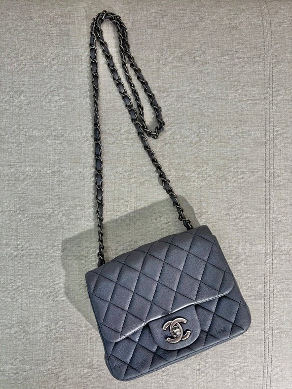 CHANEL Silver Grey Lambskin Classic Flap Mini Square SHW - Image 5