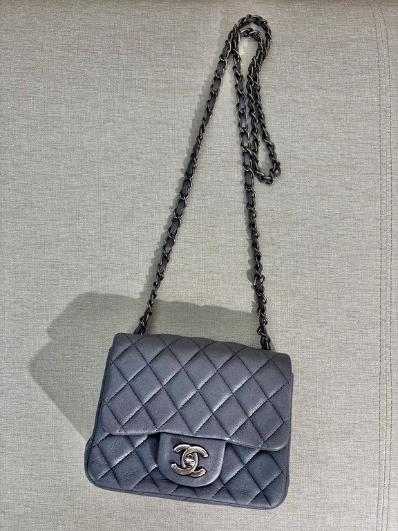 CHANEL Silver Grey Lambskin Classic Flap Mini Square SHW - Image 19