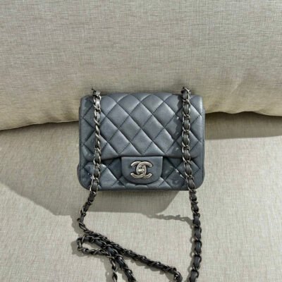 CHANEL Silver Grey Lambskin Classic Flap Mini Square SHW