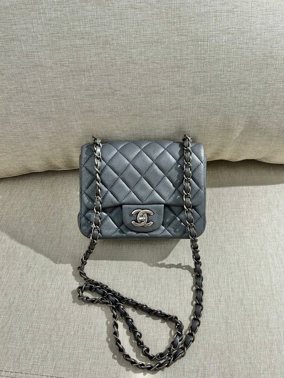 CHANEL Silver Grey Lambskin Classic Flap Mini Square SHW