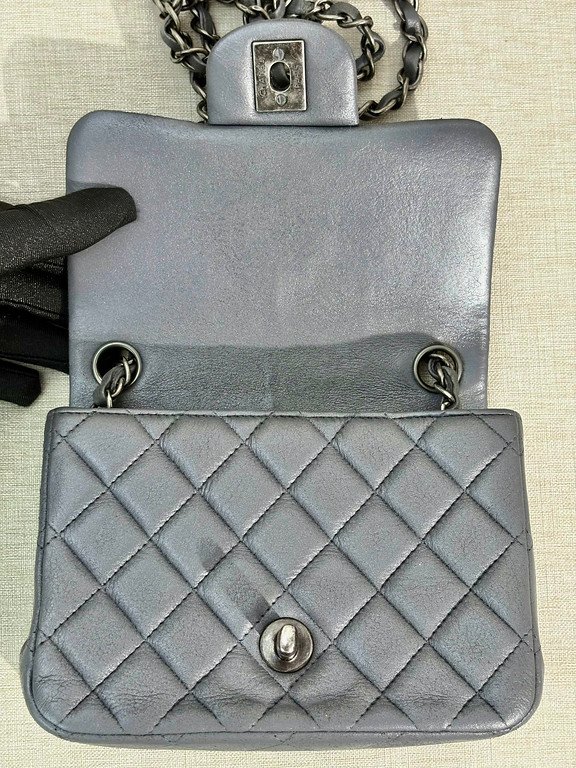 CHANEL Silver Grey Lambskin Classic Flap Mini Square SHW - Image 11