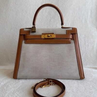 HERMES Gold/Ecru Toile Canvas & Barenia Leather Kelly Sellier 28 GHW