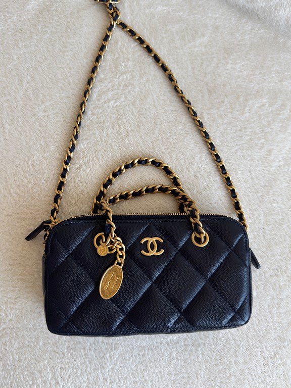 CHANEL Navy Blue Caviar Bowling Bag Small GHW - Image 8