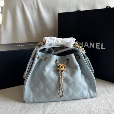 CHANEL Light Blue Caviar Drawstring Bucket Bag Small GHW
