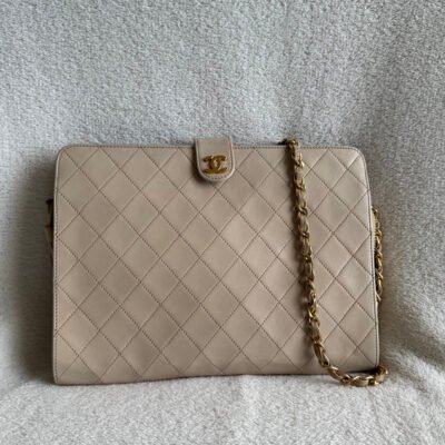 CHANEL Beige Lambskin Quilted Flat Tote Medium GHW