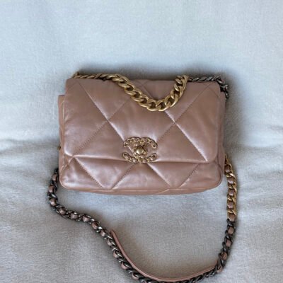 CHANEL Beige Lambskin 19 Flap Bag Small Mixed HW