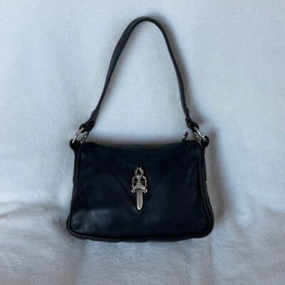 CHROME HEARTS Black Leather Dagger Flap Bag Small SHW
